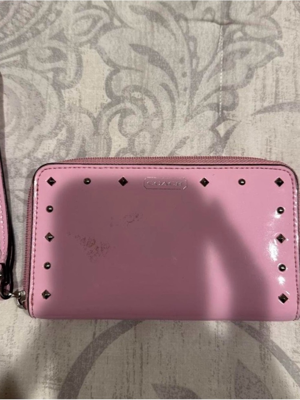 Coach Pink Patent Leather Zip Wallet with Stud Accents